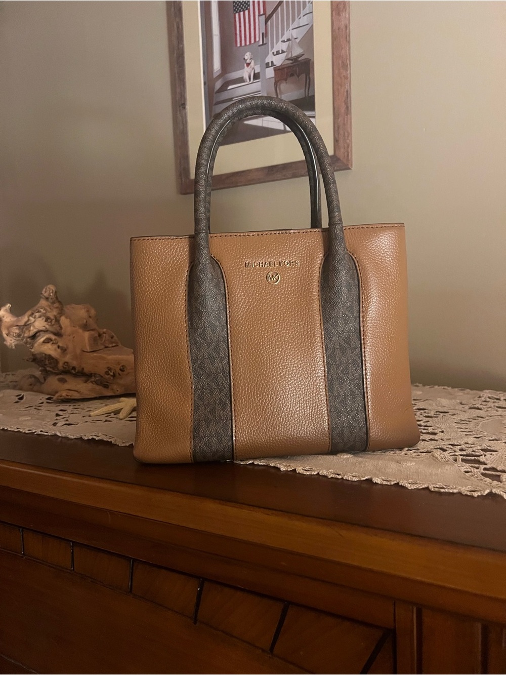 Michael Kors Tan Satchel with Brown Signature Trim